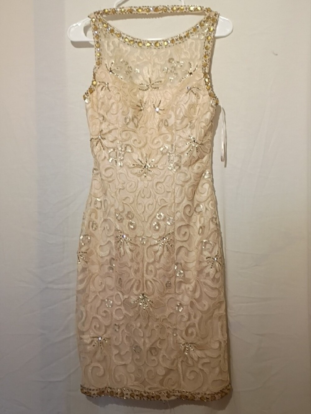 Sue Wong Ivory Lace Beaded Illusion Neck Midi Dress, Silver Sequins, Open Back - Picture 6 of 16